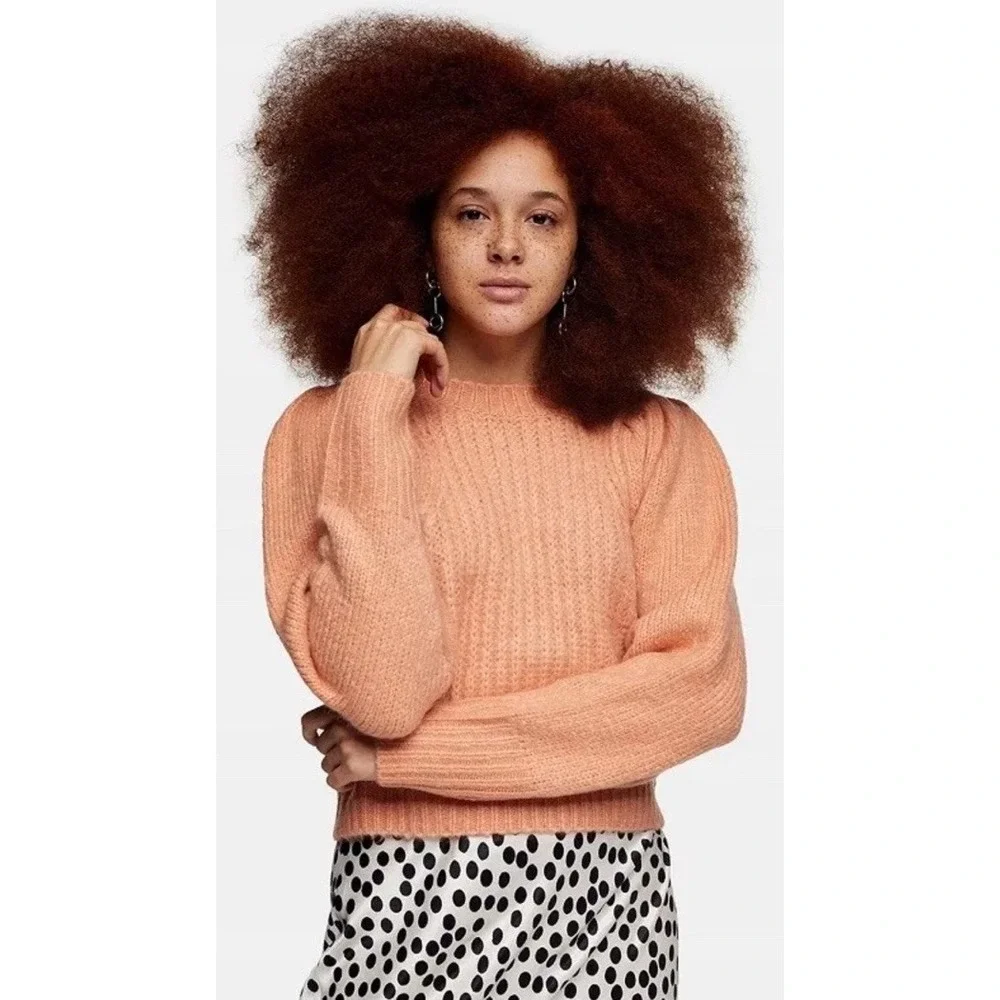 💗 TOPSHOP Peach Orange Cable Knit Puff Sleeve‎ Rib Pullover Small UK4/6 36-38